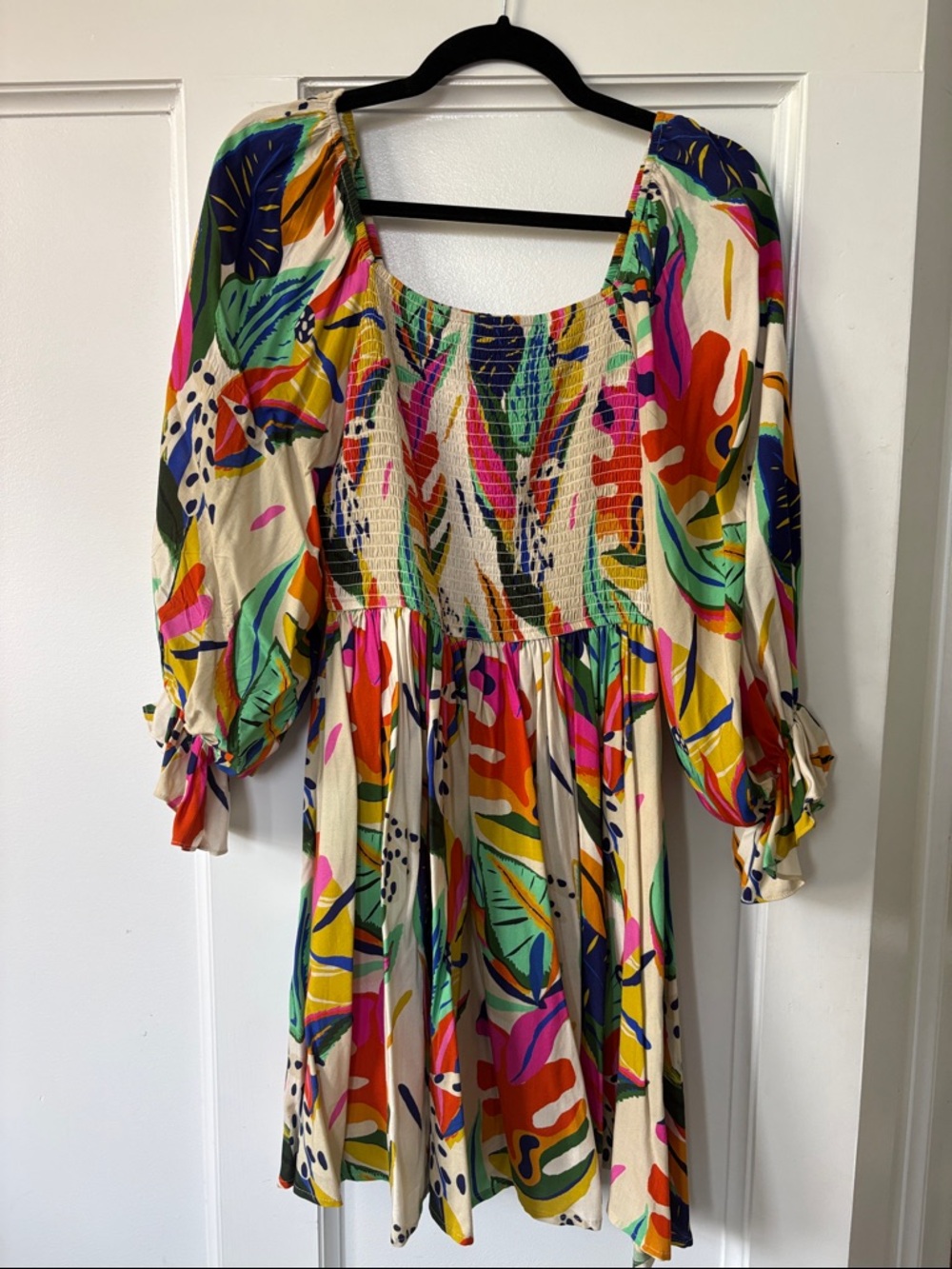 Palms Away Tropical Print Smocked Mini Dress